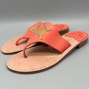 Jack Rogers Womens 7.5M Coral Leather Embroidered Bow and Arrow Thong Sandals